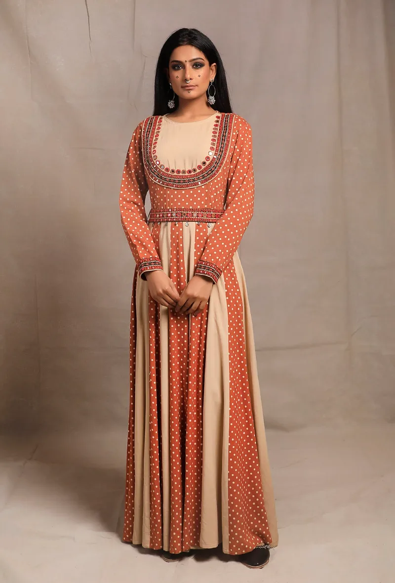 Ecru Orange Rust Anarkali Kurta Dress with Belt