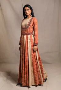 Ecru Orange Rust Anarkali Kurta Dress with Belt image 2
