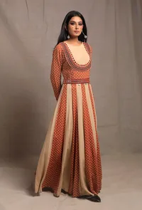 Ecru Orange Rust Anarkali Kurta Dress with Belt image 3