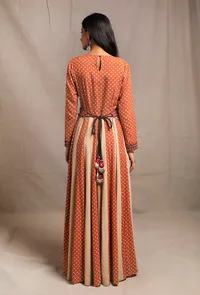 Ecru Orange Rust Anarkali Kurta Dress with Belt image 4