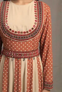 Ecru Orange Rust Anarkali Kurta Dress with Belt image 5