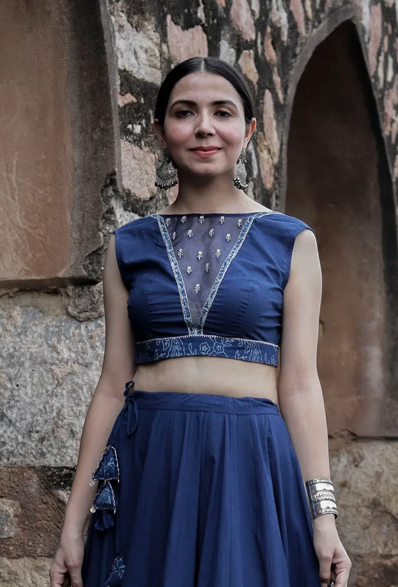 Roshni Indigo Blue Organza & Print Patched Zari Embroidered blouse