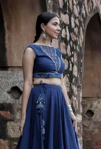 Roshni Indigo Blue Organza & Print Patched Zari Embroidered blouse image 3
