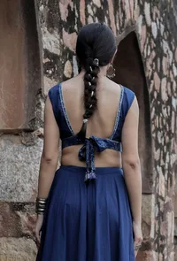 Roshni Indigo Blue Organza & Print Patched Zari Embroidered blouse image 4