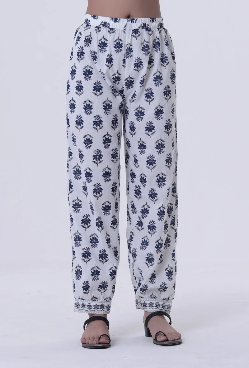 Blue Motif White Cotton Pant