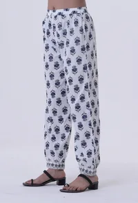 Blue Motif White Cotton Pant image 2