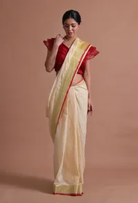 Off White Color Cotton Linen Saree With Unstitched Blouse image 1