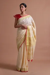 Off White Color Cotton Linen Saree With Unstitched Blouse image 2