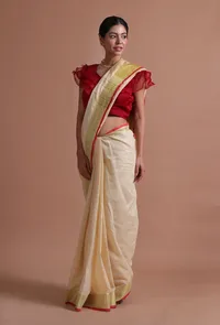 Off White Color Cotton Linen Saree With Unstitched Blouse image 3