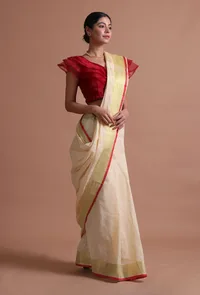 Off White Color Cotton Linen Saree With Unstitched Blouse image 4