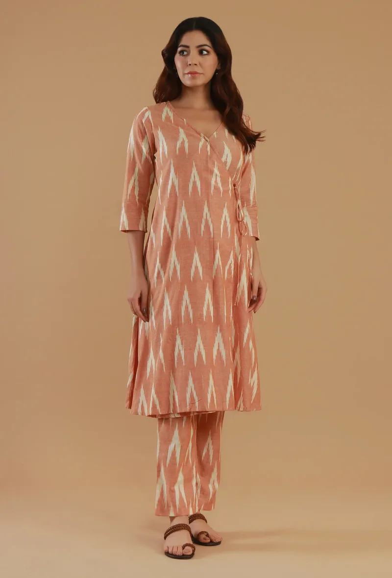 Peach Ikat Cotton V-Neck Wrap Kurta