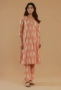 Peach Ikat Cotton V-Neck Wrap Kurta image 1