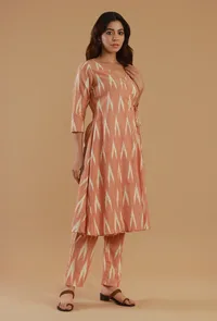 Peach Ikat Cotton V-Neck Wrap Kurta image 2