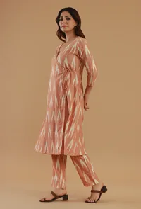Peach Ikat Cotton V-Neck Wrap Kurta image 3