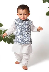 Set of 3 - Fred Blue Jacket with White Kurta Pyjama Set image 1