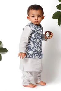 Set of 3 - Fred Blue Jacket with White Kurta Pyjama Set image 2