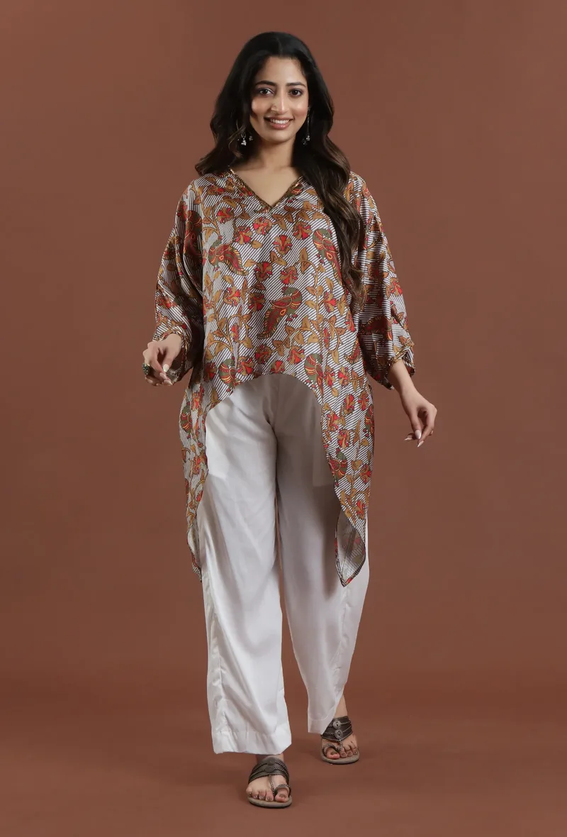 Set of 2: Beige Kalamkari Printed High-Low Top with Cotton Straight Pant Set