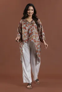 Set of 2: Beige Kalamkari Printed High-Low Top with Cotton Straight Pant Set image 1