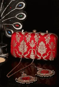 Paprika Red Brocade Box Clutch with Sling (8 X 2 X 4.5) image 1