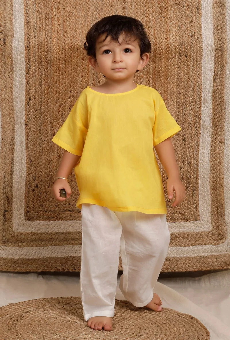 Set Of 2: Yellow Short Mul Mul Kurta With Off-white Pant