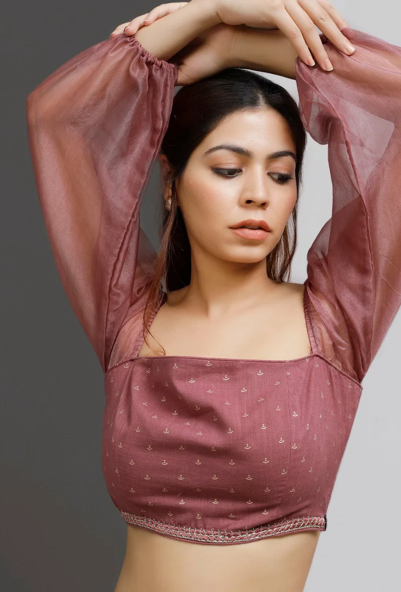 Plum Embroidered Hand-Block Printed Organza Bustier Blouse