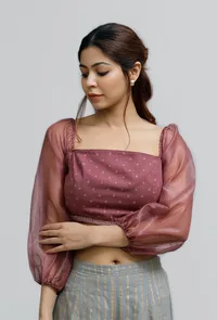 Plum Embroidered Hand-Block Printed Organza Bustier Blouse image 2