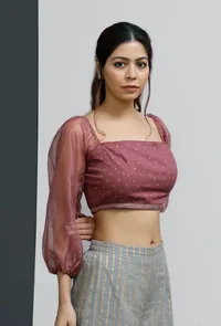 Plum Embroidered Hand-Block Printed Organza Bustier Blouse image 3