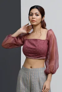 Plum Embroidered Hand-Block Printed Organza Bustier Blouse image 4