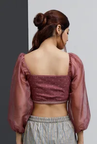Plum Embroidered Hand-Block Printed Organza Bustier Blouse image 5