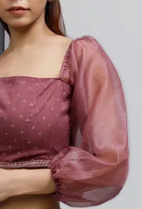 Plum Embroidered Hand-Block Printed Organza Bustier Blouse image 6