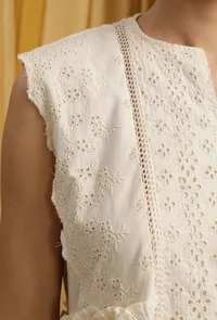 Set Of 2: Off White Cotton Schiffli Side Gather Kurta Dress & Palazzo image 2