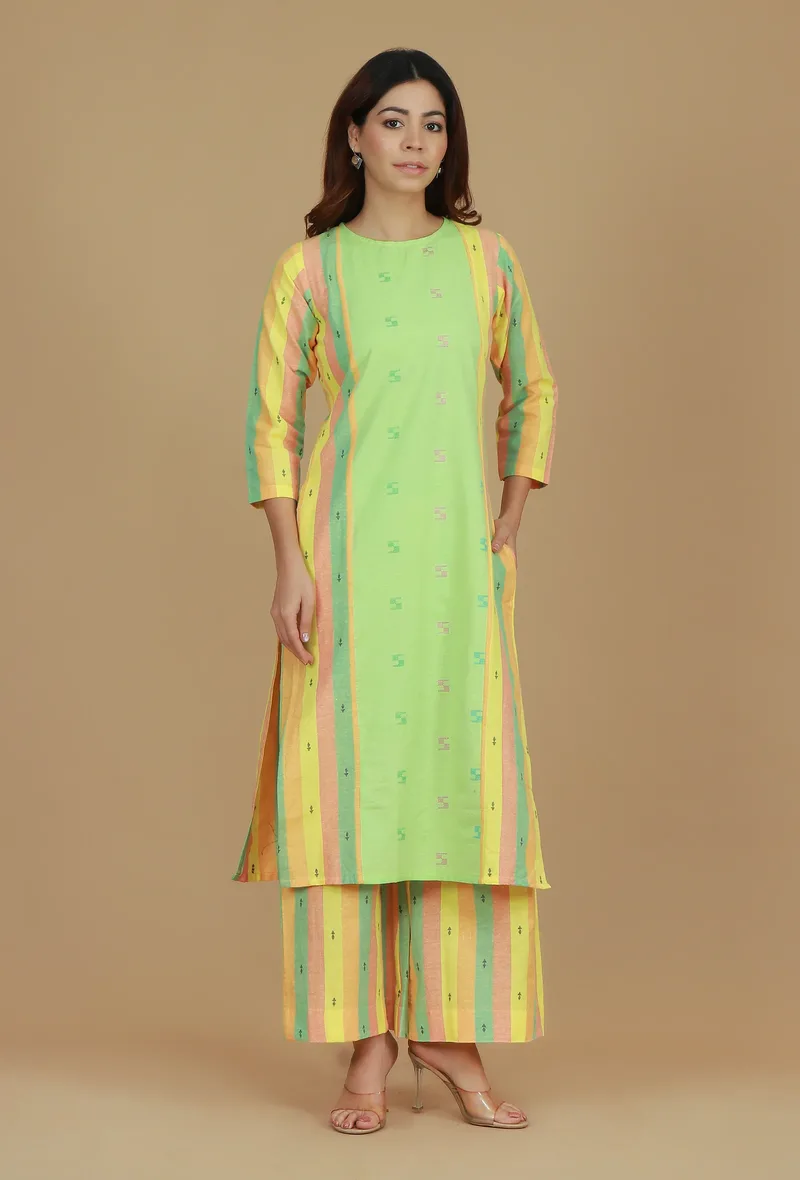 Set of 2 Lime Green & Yellow Striped Cotton Viscose Kurta with Matching Pants