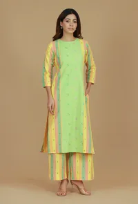 Set of 2 Lime Green & Yellow Striped Cotton Viscose Kurta with Matching Pants image 1