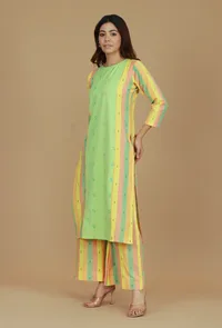 Set of 2 Lime Green & Yellow Striped Cotton Viscose Kurta with Matching Pants image 2