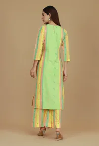 Set of 2 Lime Green & Yellow Striped Cotton Viscose Kurta with Matching Pants image 3