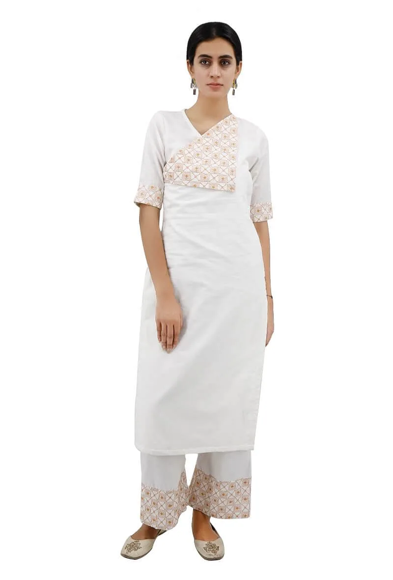White Cotton Kurta With Mustard Kantha Embroidery