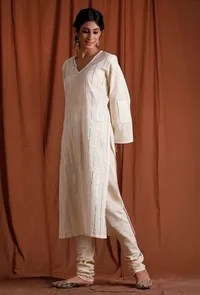Off white Golden Lurex Straight Kurta image 2