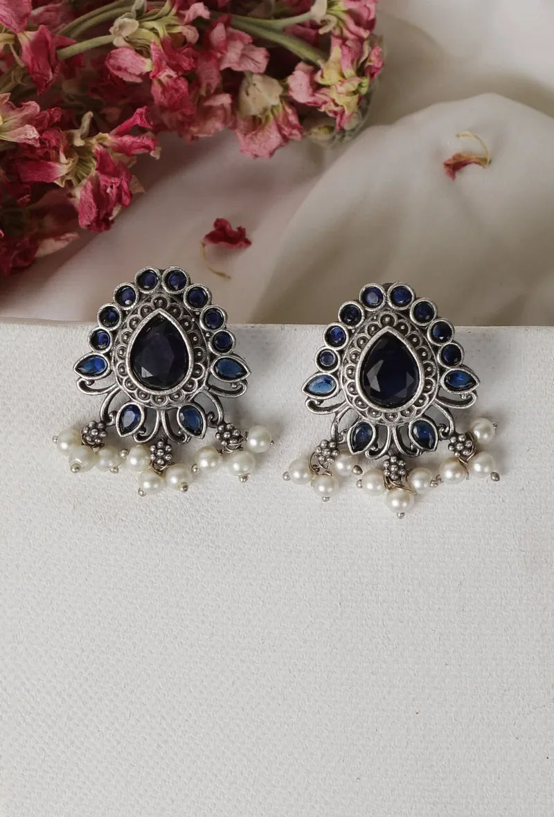 Blue Kundan Studs with Pearl Drop&nbsp;Earrings