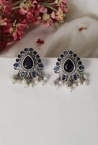 Blue Kundan Studs with Pearl Drop&nbsp;Earrings image 1