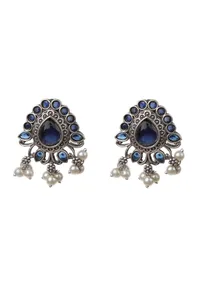 Blue Kundan Studs with Pearl Drop&nbsp;Earrings image 3