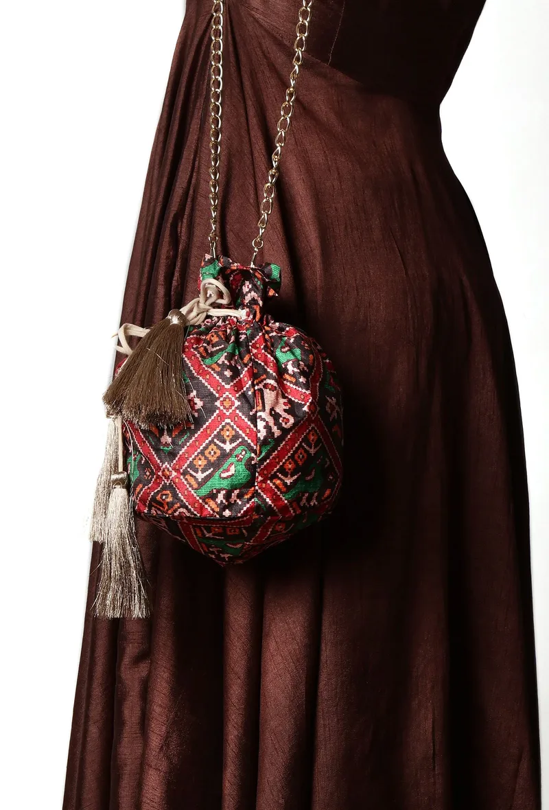 Aarna Green, Red & Multi Silk Patola Print Potli With Tassels
