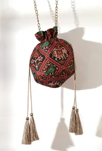 Aarna Green, Red & Multi Silk Patola Print Potli With Tassels image 2