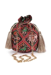 Aarna Green, Red & Multi Silk Patola Print Potli With Tassels image 3