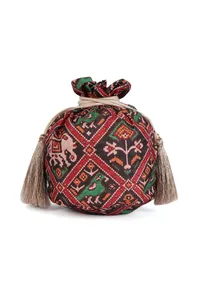 Aarna Green, Red & Multi Silk Patola Print Potli With Tassels image 4
