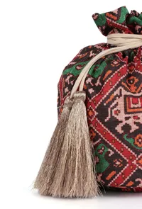 Aarna Green, Red & Multi Silk Patola Print Potli With Tassels image 5