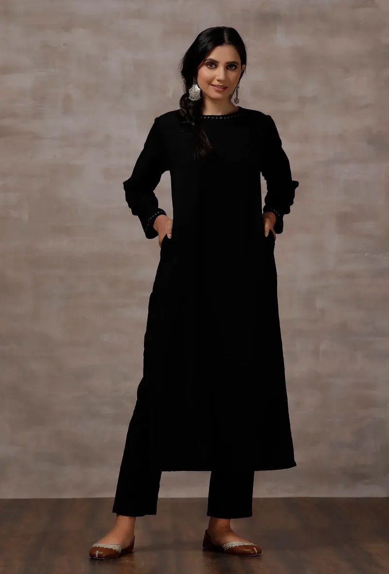 Set of 2 : Black Straight Cashmilon Kurta with Black Cashmilon Pants
