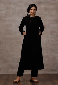 Set of 2 : Black Straight Cashmilon Kurta with Black Cashmilon Pants image 1