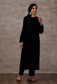 Set of 2 : Black Straight Cashmilon Kurta with Black Cashmilon Pants image 2