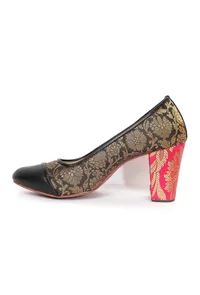 Black Brocade Heels with Pink Brocade Block Heels image 3