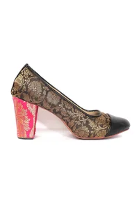 Black Brocade Heels with Pink Brocade Block Heels image 4